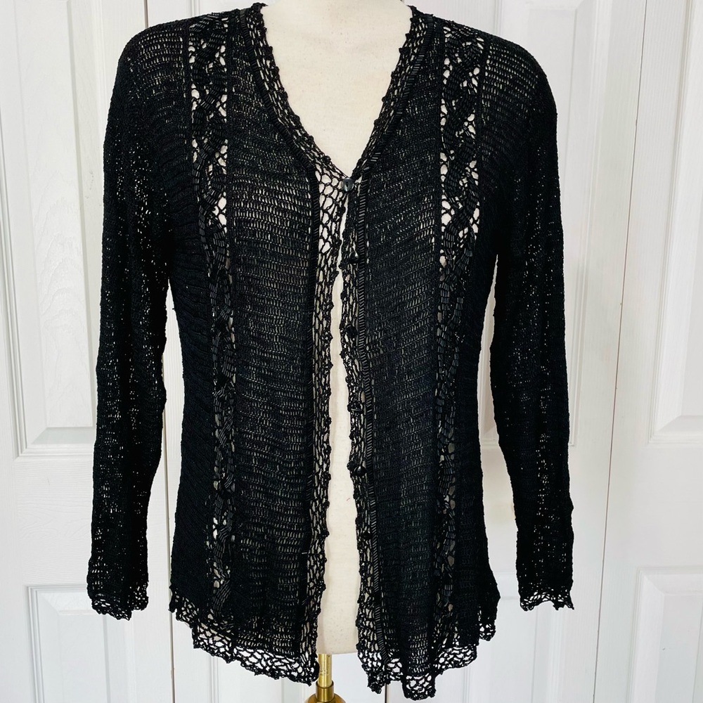 Vintage Express Tricot Black Crochet Beaded Button up Openwork Cardigan